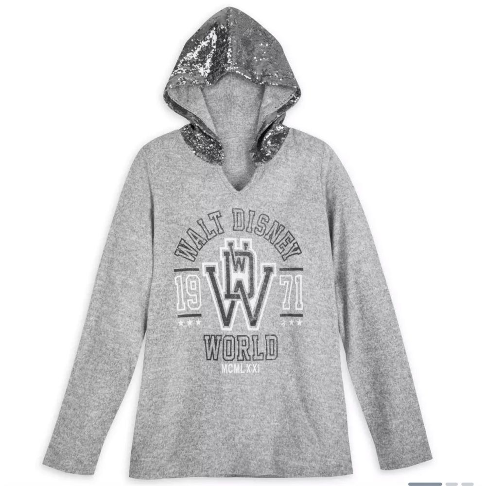 Walt Disney World Sweatshirt M  Sequin Hooded  Gray Silver Graphic Distressed